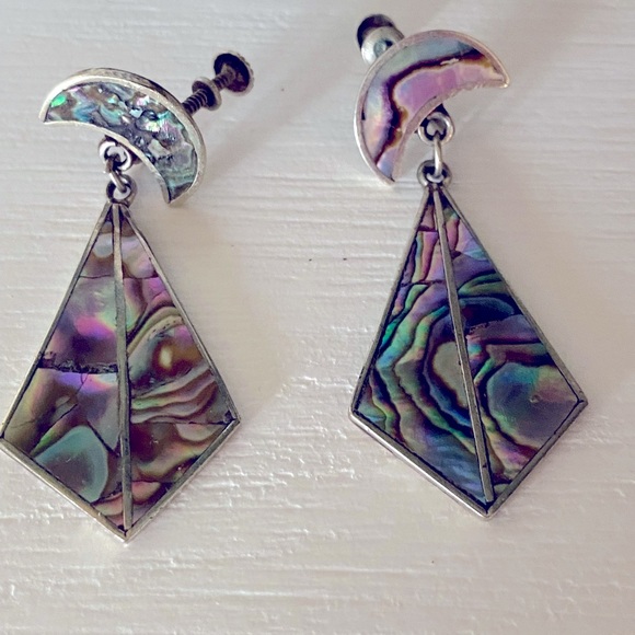 Beautiful Hecho en Mexico Sterling Silver abalone Shell Screw earrings 2.25” - Picture 7 of 7